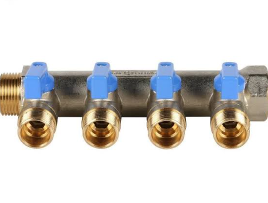 Коллектор распределительный 3/4" с запорными кранами и 4 отводами 1/2", ручки синие STOUT — фото 2