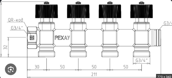 Коллектор REHAU (Rehau - 11316473001)регулирующий, распределительный G3/4" с 4 отводами G 3/4" — фото 3